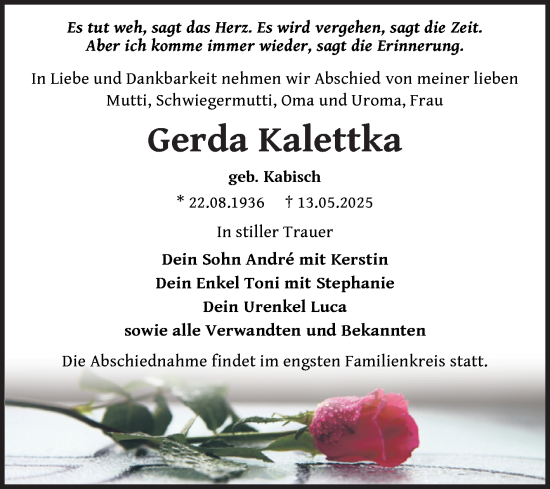 Traueranzeige von Gerda Kalettka von Trauerkombi Zeitz