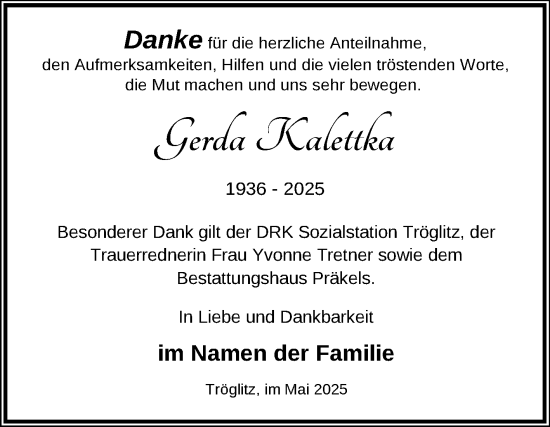 Traueranzeige von Gerda Kalettka von Trauerkombi Zeitz