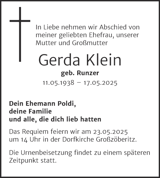 Traueranzeige von Gerda Klein von Trauerkombi Bitterfeld