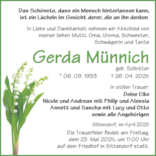 Traueranzeige von Gerda Münnich von Trauerkombi Sangerhausen