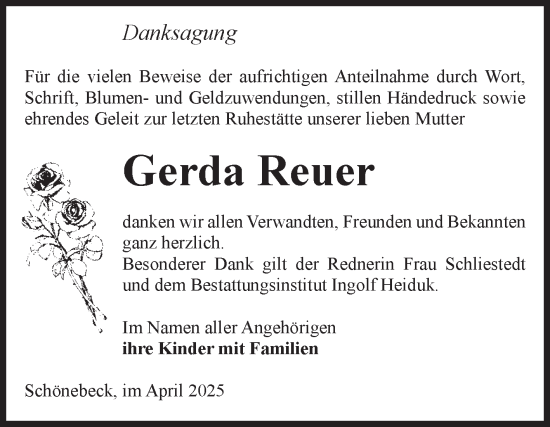 Traueranzeige von Gerda Reuer von Volksstimme Schönebeck