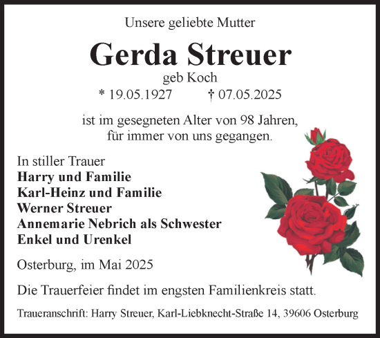 Traueranzeige von Gerda Streuer von Volksstimme Altmark Ost