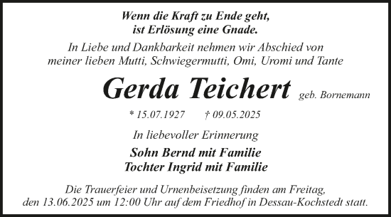 Traueranzeige von Gerda Teichert von Super Sonntag Dessau-Roßlau