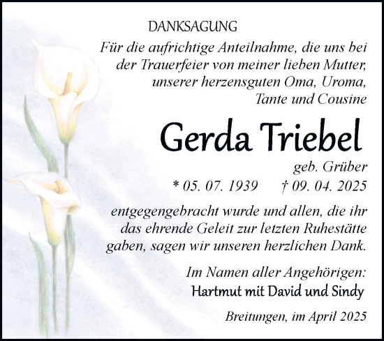 Traueranzeige von Gerda Triebel von Trauerkombi Sangerhausen