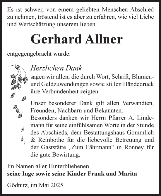 Traueranzeige von Gerhard Allner von Volksstimme Zerbst