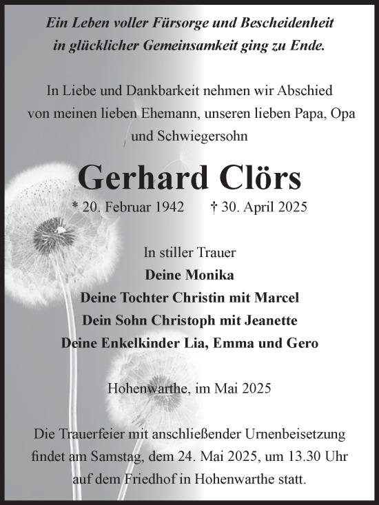 Traueranzeige von Gerhard Clörs von Volksstimme Burg/Genthin