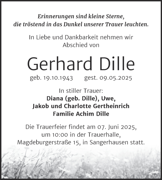 Traueranzeige von Gerhard Dille von Trauerkombi Sangerhausen