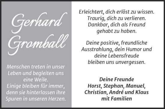 Traueranzeige von Gerhard Gromball von Trauerkombi Merseburg