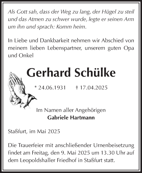 Traueranzeige von Gerhard Schülke von Volksstimme Staßfurt