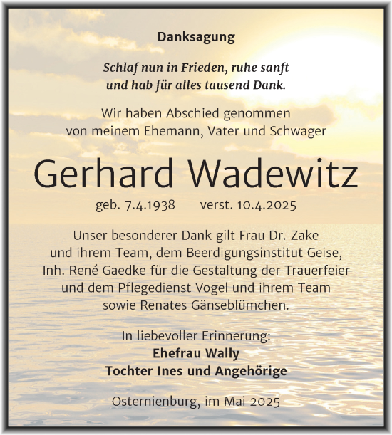 Traueranzeige von Gerhard Wadewitz von Trauerkombi Köthen