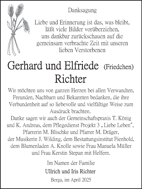 Traueranzeige von Gerhard und Elfriede Richter von Trauerkombi Sangerhausen