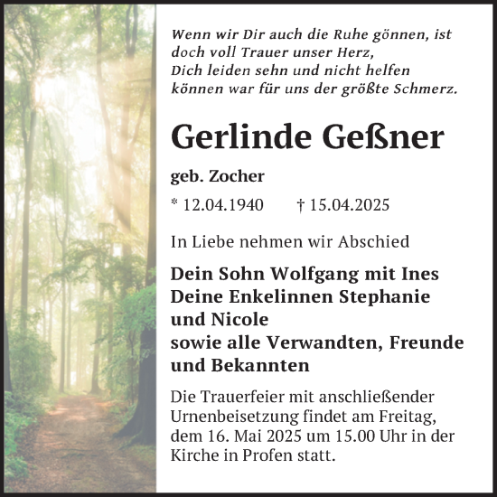 Traueranzeige von Gerlinde Geßner von Trauerkombi Zeitz