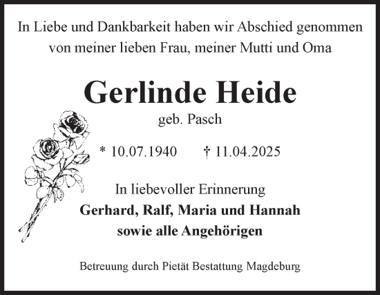Traueranzeige von Gerlinde Heide von Volksstimme Magdeburg
