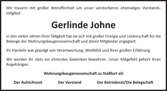 Traueranzeige von Gerlinde Johne von Volksstimme Staßfurt