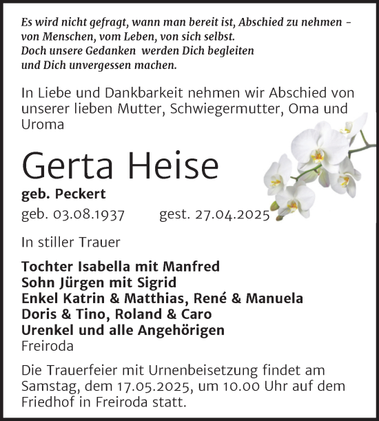 Traueranzeige von Gerta Heise von Super Sonntag Naumburg/Nebra