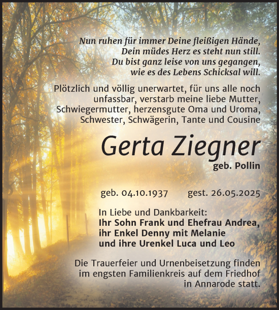Traueranzeige von Gerta Ziegner von Trauerkombi Mansfelder Land