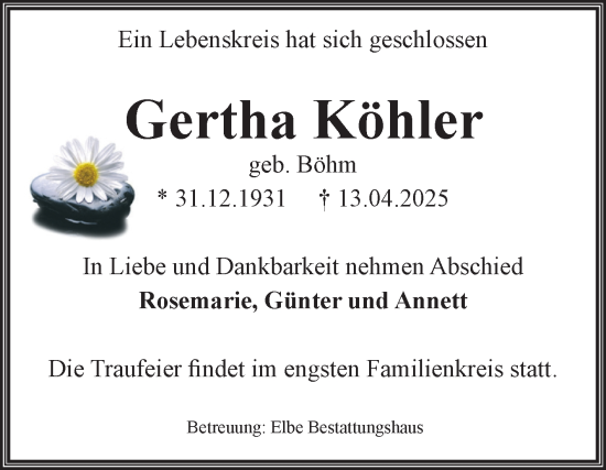 Traueranzeige von Gertha Köhler von Volksstimme Magdeburg