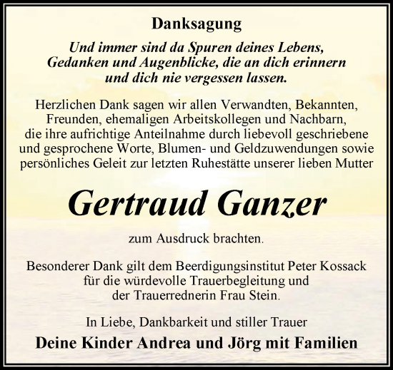 Traueranzeige von Gertraud Ganzer von Trauerkombi Wittenberg