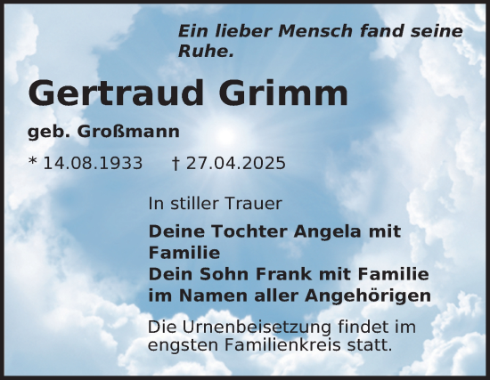 Traueranzeige von Gertraud Grimm von Trauerkombi Zeitz