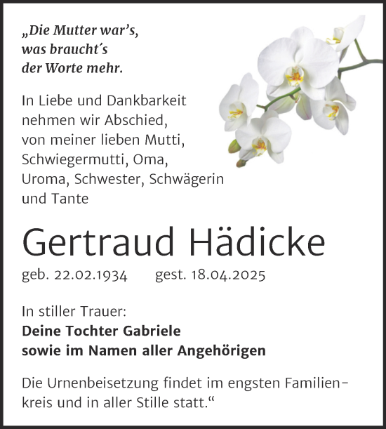 Traueranzeige von Gertraud Hädicke von Trauerkombi Bitterfeld