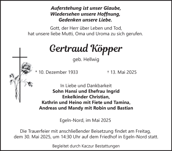 Traueranzeige von Gertraud Köpper von Volksstimme Staßfurt