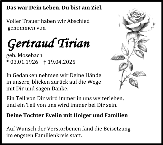 Traueranzeige von Gertraud Tirian von Trauerkombi Quedlinburg