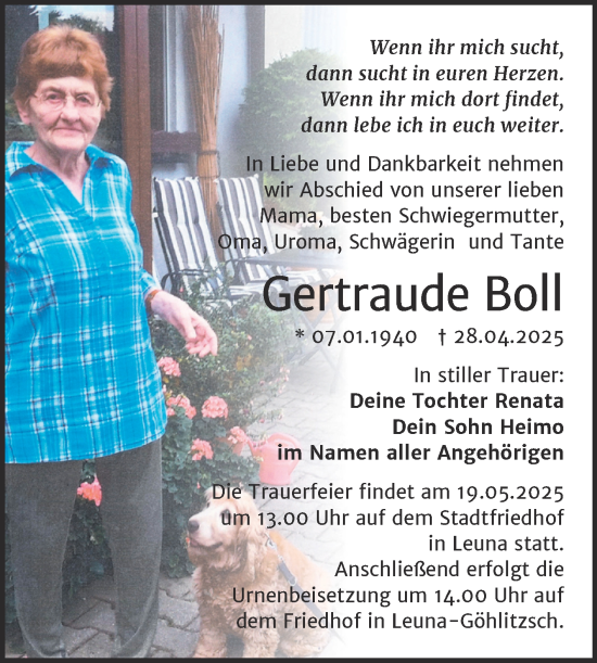 Traueranzeige von Gertraude Boll von Trauerkombi Merseburg