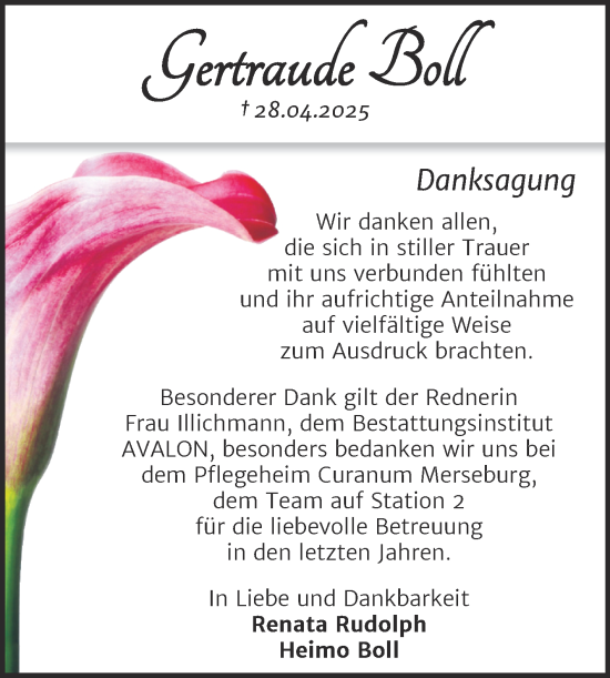 Traueranzeige von Gertraude Boll von Trauerkombi Merseburg