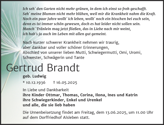 Traueranzeige von Gertrud Brandt von Trauerkombi Bernburg