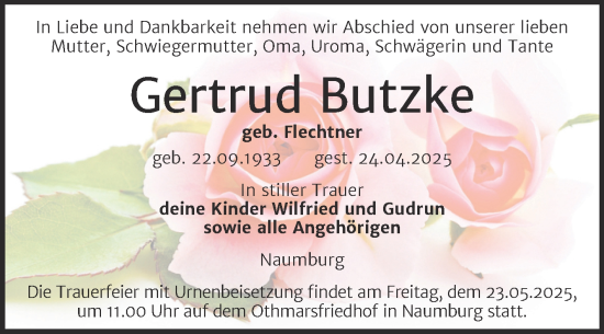 Traueranzeige von Gertrud Butzke von Super Sonntag Naumburg/Nebra