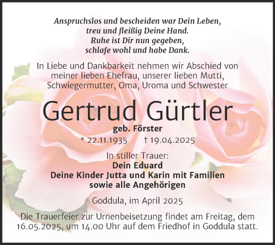 Traueranzeige von Gertrud Gürtler von Trauerkombi Merseburg