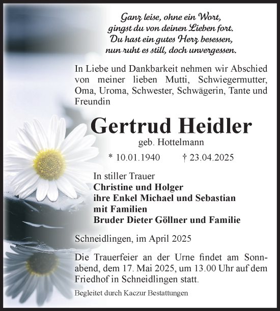 Traueranzeige von Gertrud Heidler 