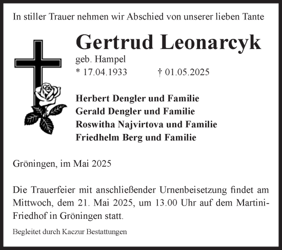 Traueranzeige von Gertrud Leonarcyk von Volksstimme Oschersleben/Wanzleben
