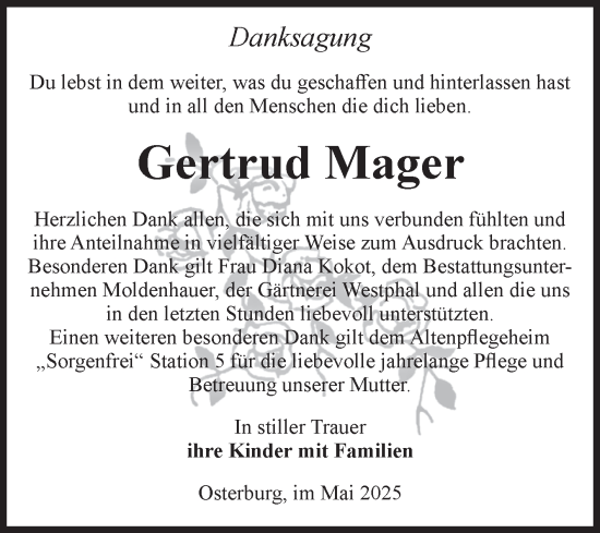 Traueranzeige von Gertrud Mager von Volksstimme Altmark Ost