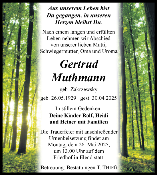 Traueranzeige von Gertrud Muthmann von Volksstimme Wernigerode