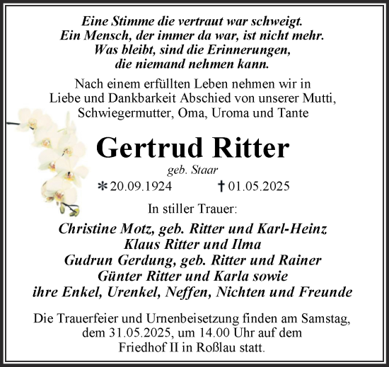 Traueranzeige von Gertrud Ritter von Trauerkombi Dessau