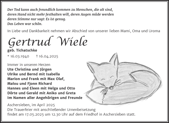 Traueranzeige von Gertrud Wiele von Trauerkombi Aschersleben