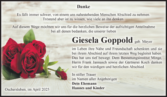 Traueranzeige von Giesela Goppold von Volksstimme Oschersleben/Wanzleben