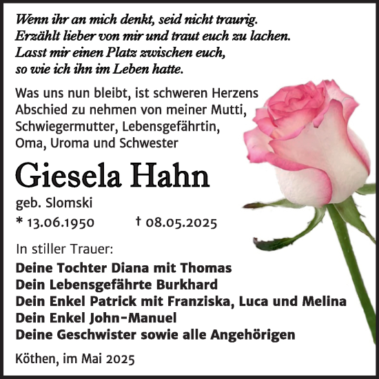 Traueranzeige von Giesela Hahn von Trauerkombi Köthen