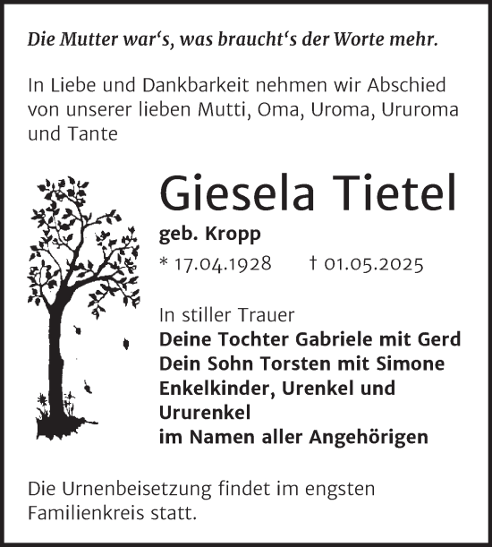 Traueranzeige von Giesela Tietel von Trauerkombi Wittenberg