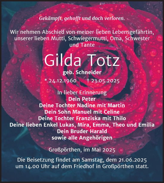 Traueranzeige von Gilda Totz von Trauerkombi Zeitz