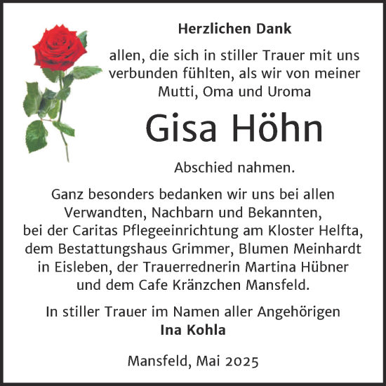 Traueranzeige von Gisa Höhn von Trauerkombi Mansfelder Land