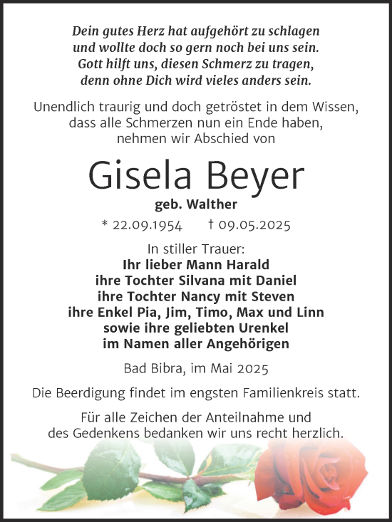 Traueranzeige von Gisela Beyer von Naumburger Tageblatt