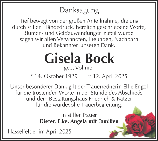 Traueranzeige von Gisela Bock von Volksstimme Wernigerode
