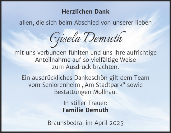 Traueranzeige von Gisela Demuth von Trauerkombi Merseburg