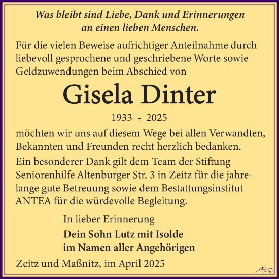 Traueranzeige von Gisela Dinter von Trauerkombi Zeitz