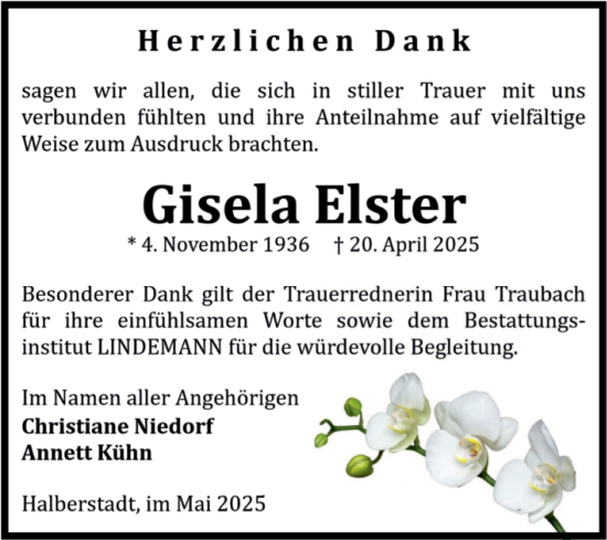 Traueranzeige von Gisela Elster von Volksstimme Halberstadt