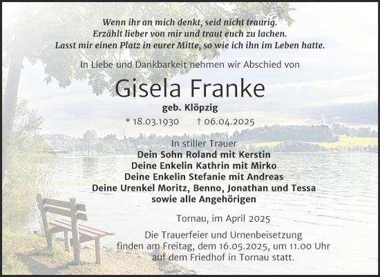 Traueranzeige von Gisela Franke von Trauerkombi Wittenberg