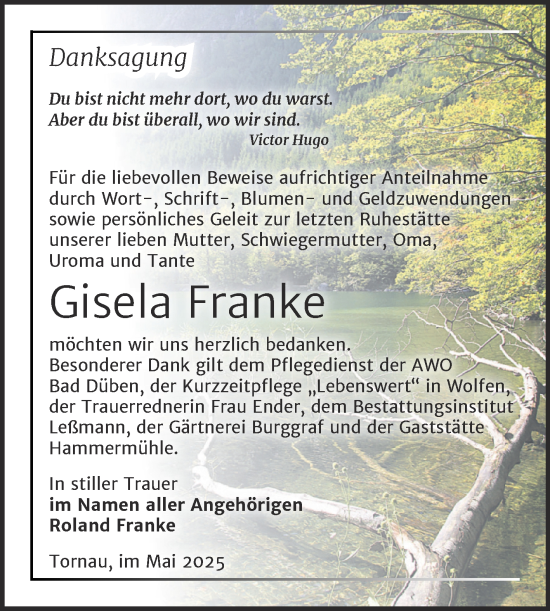Traueranzeige von Gisela Franke von Trauerkombi Wittenberg