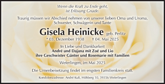 Traueranzeige von Gisela Heinicke von Volksstimme Haldensleben/Wolmirstedt